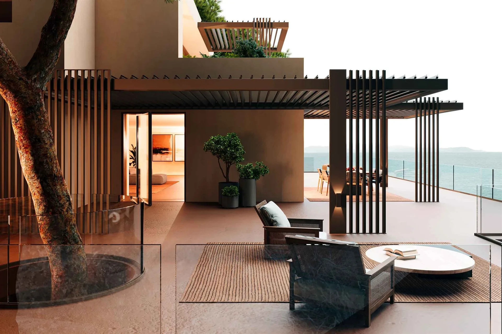 BT CODE, doghe in alluminio su una terrazza vista mare